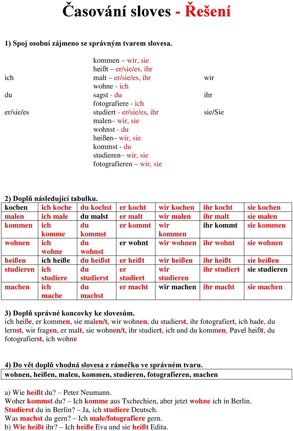 kommst - du studieren wir, sie fotografieren wir, sie 2) Doplň následující tabulku.