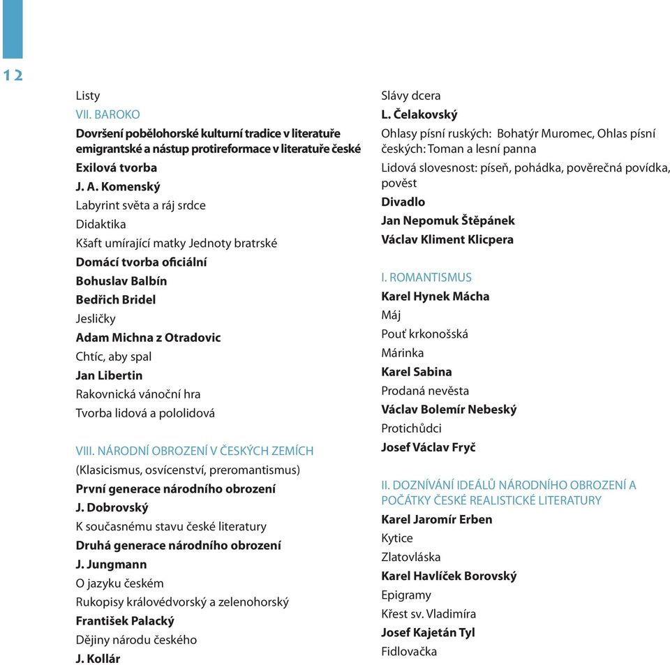 Libertin Rakovnická vánoční hra Tvorba lidová a pololidová VIII. NÁRODNÍ OBROZENÍ V ČESKÝCH ZEMÍCH (Klasicismus, osvícenství, preromantismus) První generace národního obrození J.