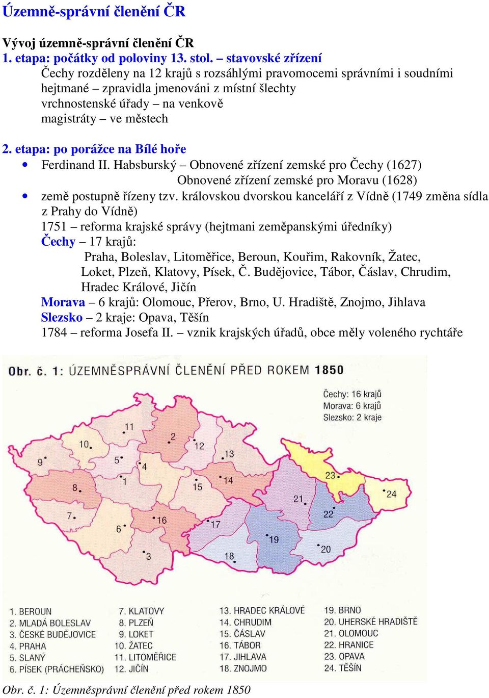 etapa: po porážce na Bílé hoře Ferdinand II. Habsburský Obnovené zřízení zemské pro Čechy (1627) Obnovené zřízení zemské pro Moravu (1628) země postupně řízeny tzv.