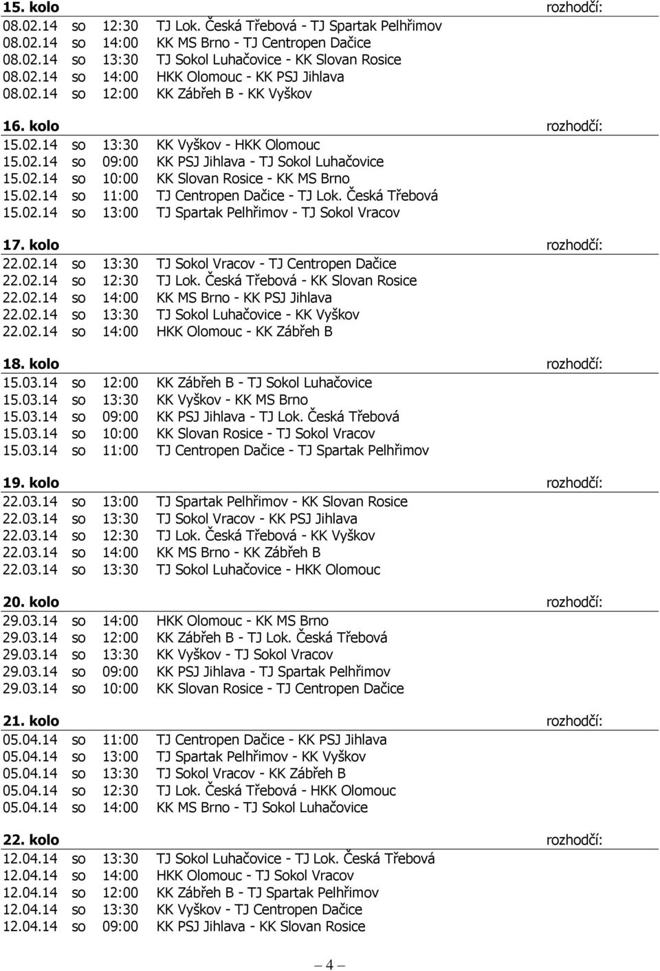 kolo rozhodčí: 22.02.14 so 13:30-22.02.14 so 12:30 TJ Lok. Česká Třebová - 22.02.14 so 14:00 KK MS Brno - KK PSJ Jihlava 22.02.14 so 13:30-22.02.14 so 14:00 - KK Zábřeh B 18. kolo rozhodčí: 15.03.