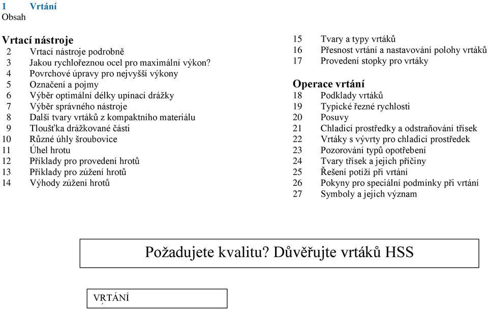 Různé úhly šroubovice 11 Úhel hrotu 12 Příklady pro provedení hrotů 13 Příklady pro zúţení hrotů 14 Výhody zúţení hrotů 15 Tvary a typy vrtáků 16 Přesnost vrtání a nastavování polohy vrtáků 17