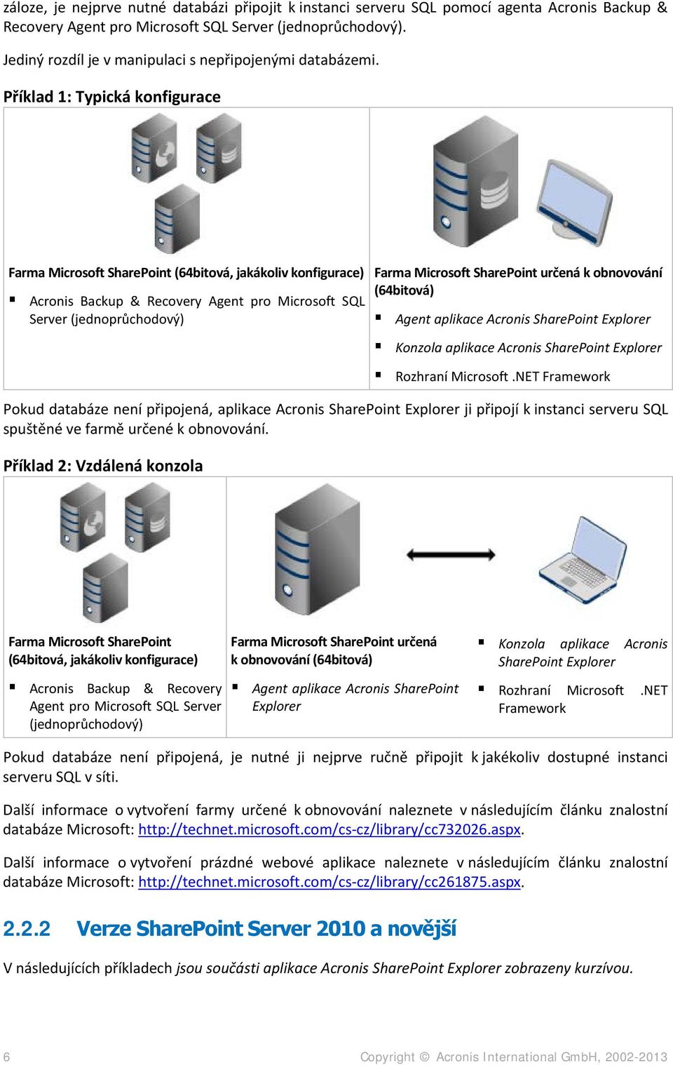 Příklad 1: Typická konfigurace Farma Microsoft SharePoint (64bitová, jakákoliv konfigurace) Acronis Backup & Recovery Agent pro Microsoft SQL Server (jednoprůchodový) Farma Microsoft SharePoint
