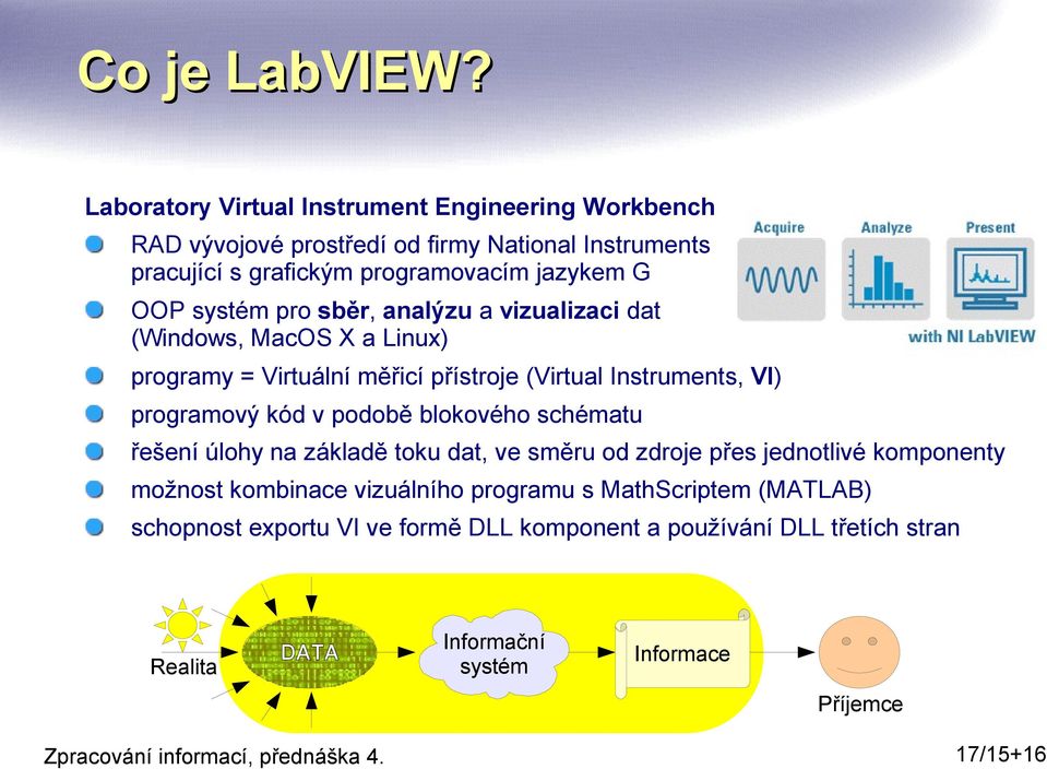 systém pro sběr, analýzu a vizualizaci dat (Windows, MacOS X a Linux) programy = Virtuální měřicí přístroje (Virtual Instruments, VI) programový kód v