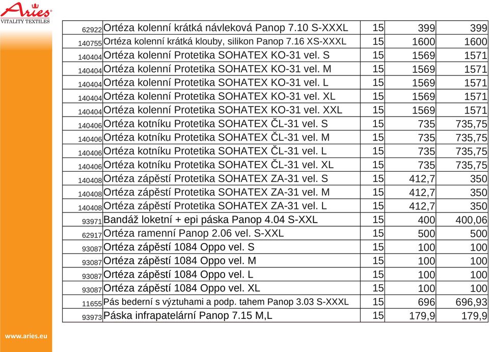 XL 15 1569 1571 140404 Ortéza kolenní Protetika SOHATEX KO-31 vel. XXL 15 1569 1571 140406 Ortéza kotníku Protetika SOHATEX ČL-31 vel.