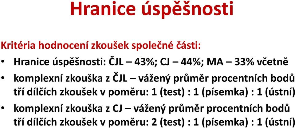 dílčích zkoušek v poměru: 1 (test) : 1 (písemka) : 1 (ústní) komplexní zkouška z CJ