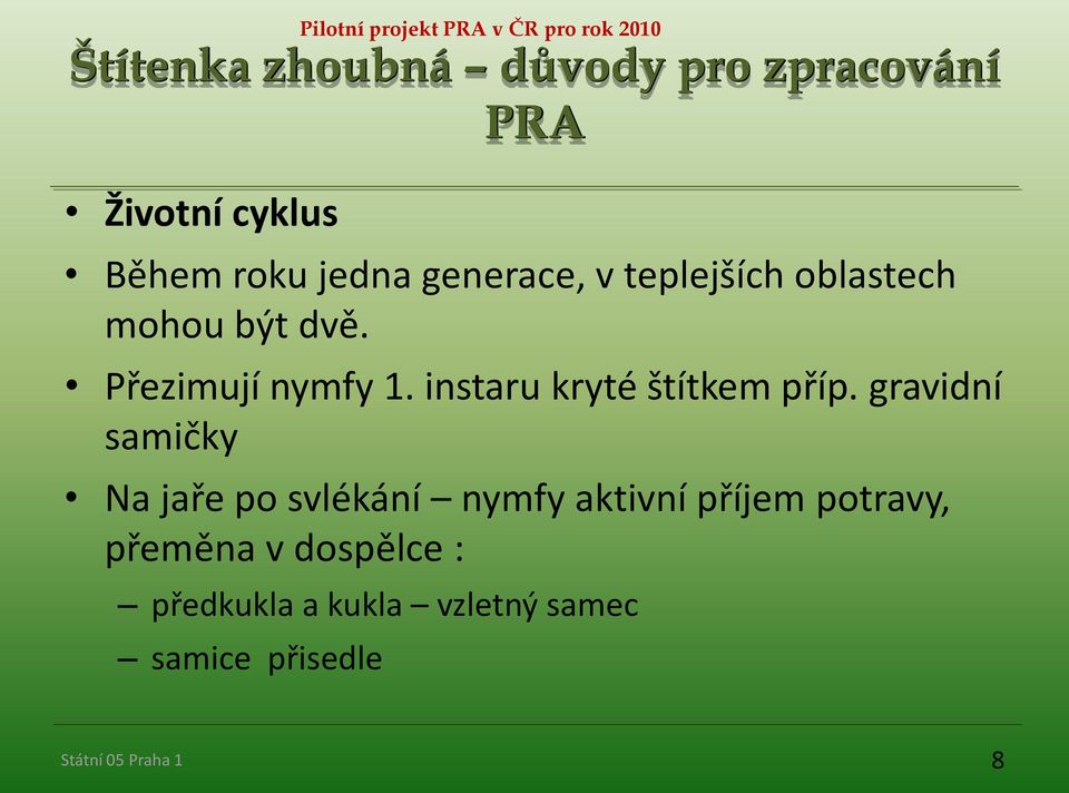 gravidní samičky Na jaře po svlékání nymfy aktivní příjem potravy, přeměna v dospělce :