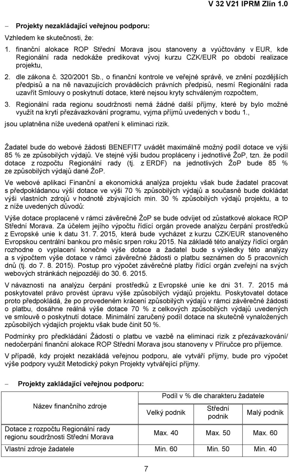 , o finanční kontrole ve veřejné správě, ve znění pozdějších předpisů a na ně navazujících prováděcích právních předpisů, nesmí Regionální rada uzavřít Smlouvy o poskytnutí dotace, které nejsou kryty