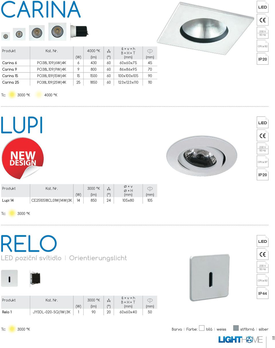 3000 K H (mm) Lupi 14 CE2510518CL01W 14W 3K 14 850 24 105x80 105 Tc: 3000 K RELO LED poziční svítidlo I Orientierungslicht CRI 82 Produkt Kat.