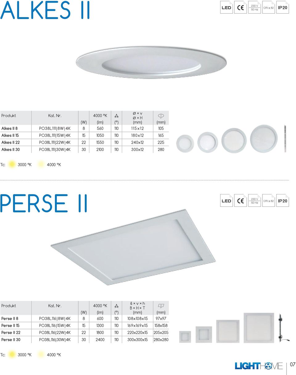 (mm) Perse II 8 PO38L116 8W 4K 8 600 110 108x108x15 97x97 Perse II 15 PO38L116 15W 4K 15 1300 110 169x169x15 158x158 Perse II 22