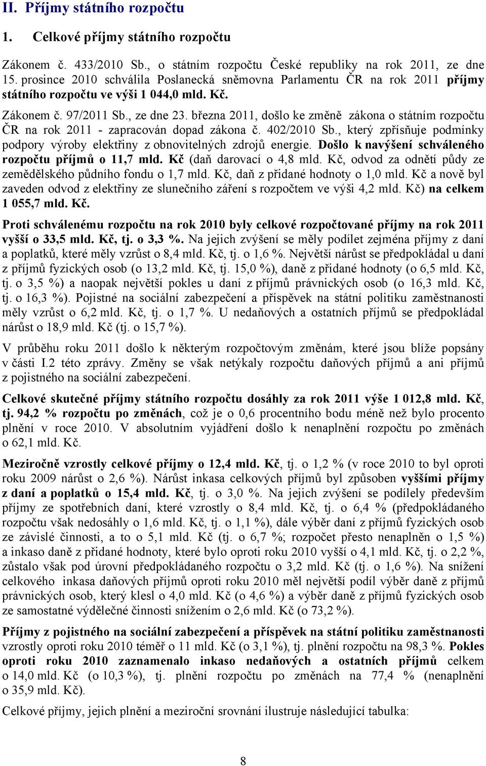 března 2011, došlo ke změně zákona o státním rozpočtu ČR na rok 2011 - zapracován dopad zákona č. 402/2010 Sb., který zpřísňuje podmínky podpory výroby elektřiny z obnovitelných zdrojů energie.