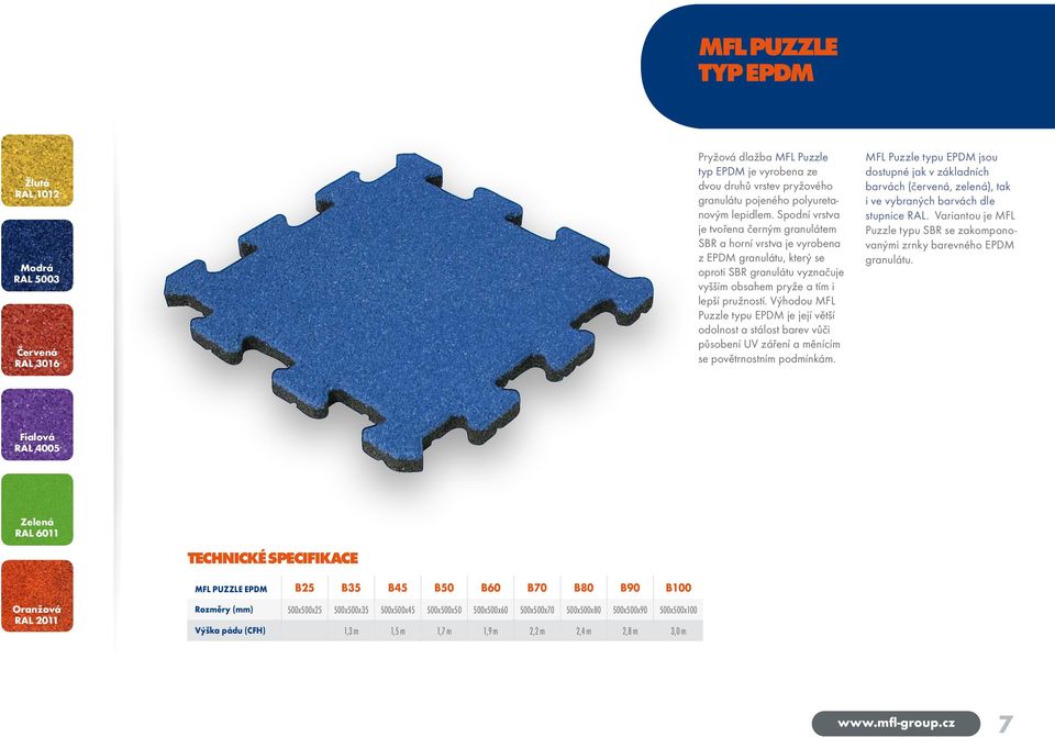 Výhodou MFL Puzzle typu EPDM je její větší odolnost a stálost barev vůči působení UV záření a měnícím se povětrnostním podmínkám.