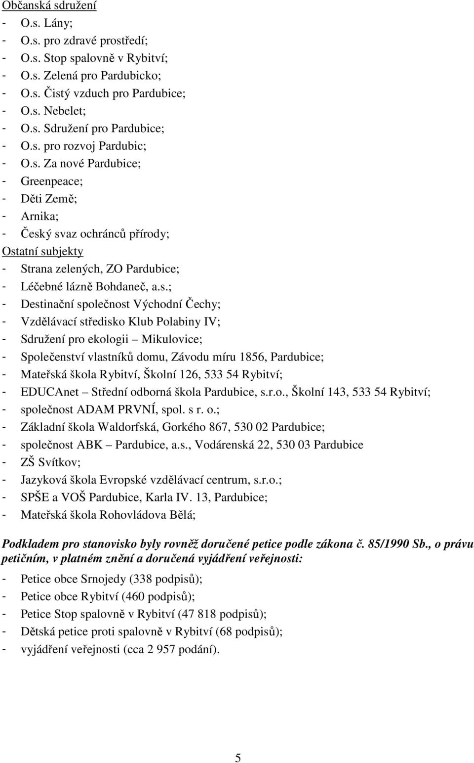 - Destinační společnost Východní Čechy; - Vzdělávací středisko Klub Polabiny IV; - Sdružení pro ekologii Mikulovice; - Společenství vlastníků domu, Závodu míru 1856, Pardubice; - Mateřská škola