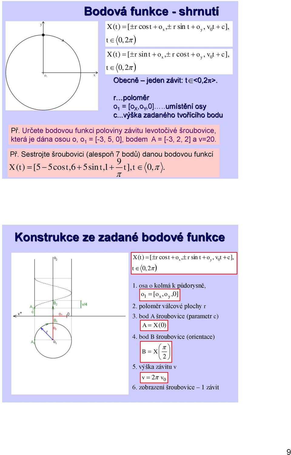 p Konstrukce ze zadané bodové funkce X ( t) [ r cos t ox, r sin t oy, v0t c], t 0,2p 1. osa o kolmá k půdorysně, o [ o x, o,0] 1 y 2. poloměr válcové plochy r 3.