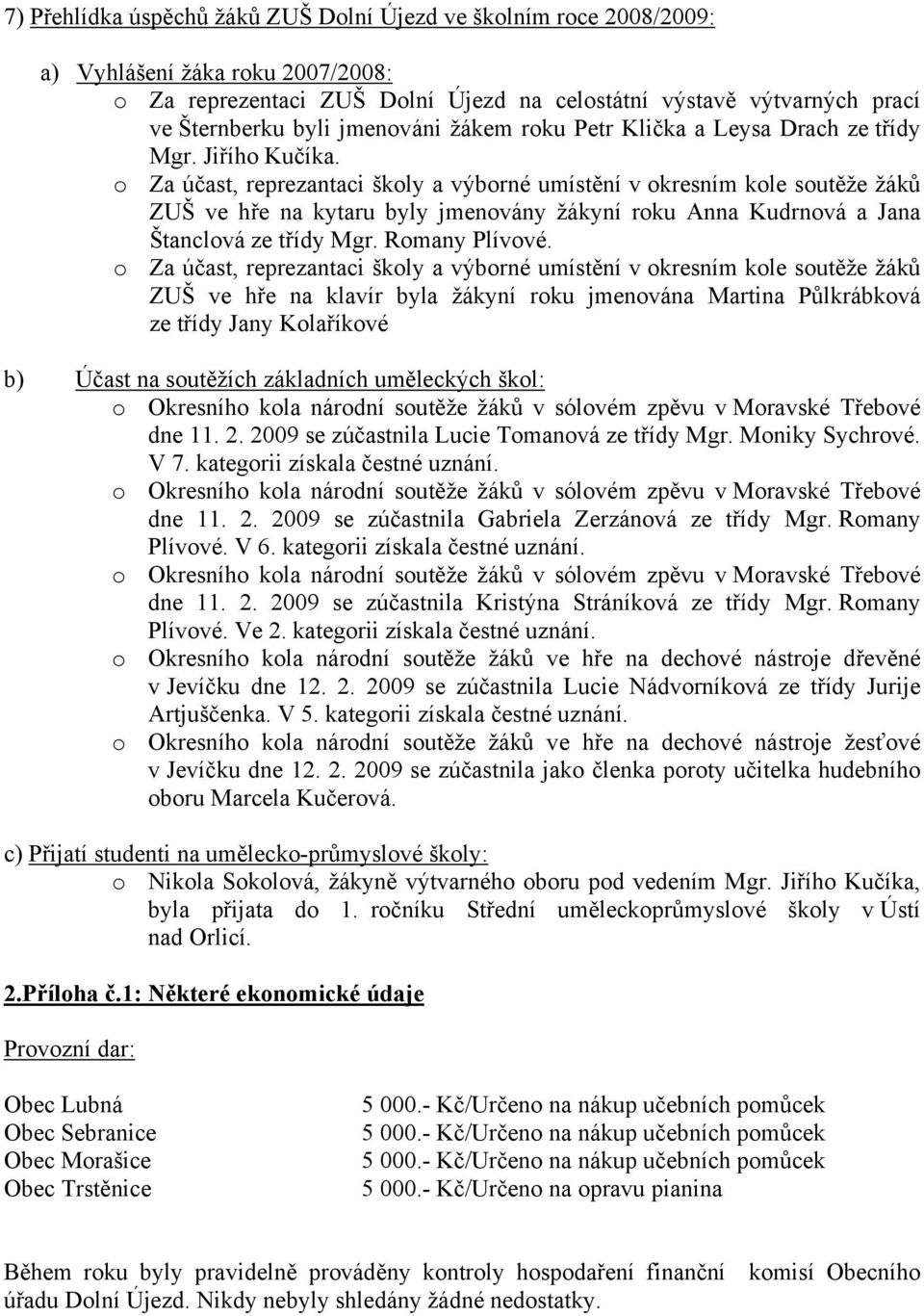 o Za účast, reprezantaci školy a výborné umístění v okresním kole soutěže žáků ZUŠ ve hře na kytaru byly jmenovány žákyní roku Anna Kudrnová a Jana Štanclová ze třídy Mgr. Romany Plívové.