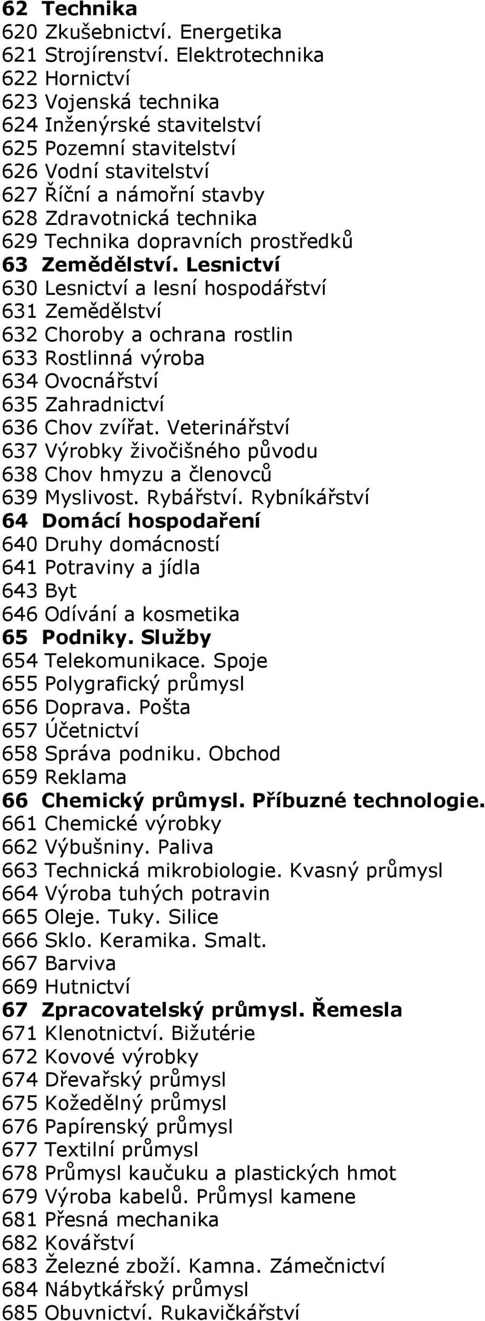 dopravních prostředků 63 Zemědělství. Lesnictví 630 Lesnictví a lesní hospodářství 631 Zemědělství 632 Choroby a ochrana rostlin 633 Rostlinná výroba 634 Ovocnářství 635 Zahradnictví 636 Chov zvířat.