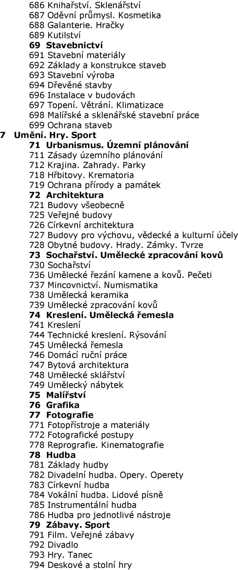 Klimatizace 698 Malířské a sklenářské stavební práce 699 Ochrana staveb 7 Umění. Hry. Sport 71 Urbanismus. Územní plánování 711 Zásady územního plánování 712 Krajina. Zahrady. Parky 718 Hřbitovy.