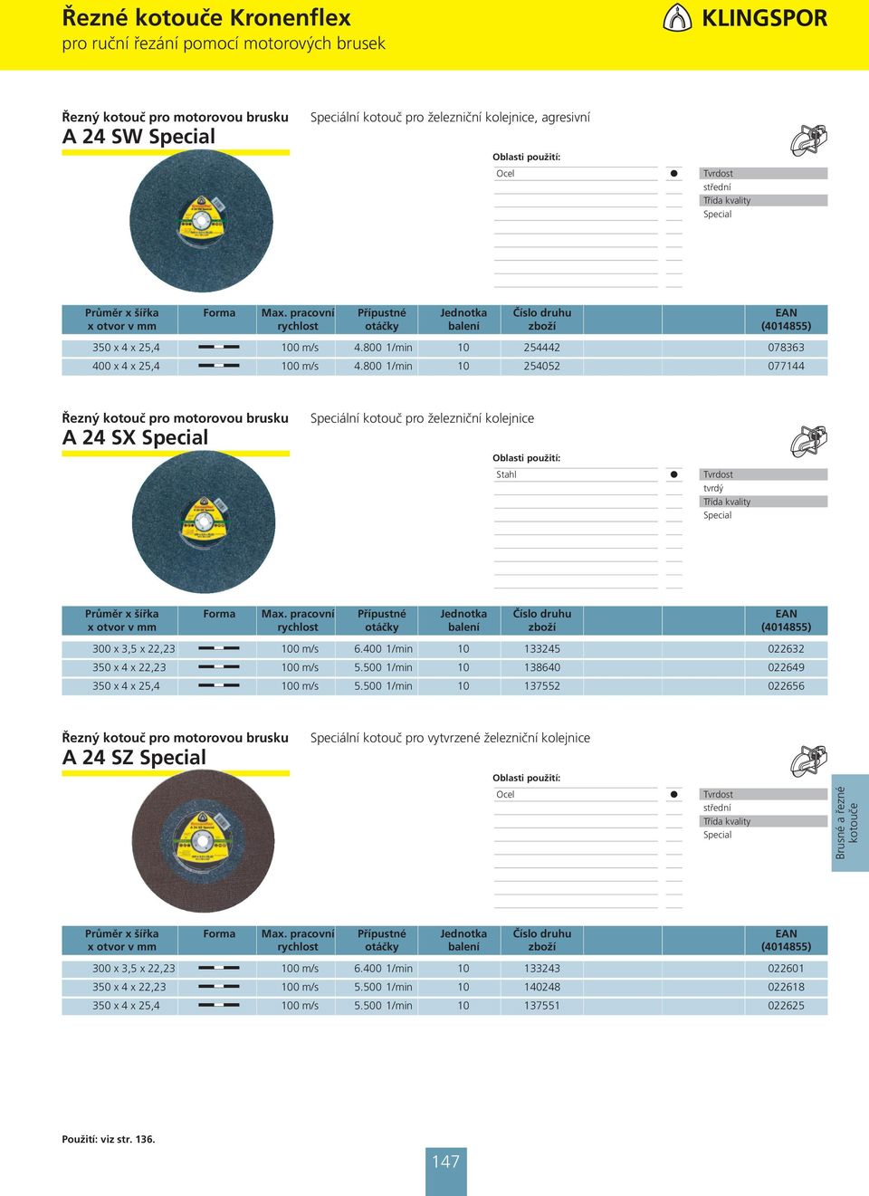 400 1/min 10 133245 022632 350 x 4 x 22,23 100 m/s 5.500 1/min 10 138640 022649 350 x 4 x 25,4 100 m/s 5.