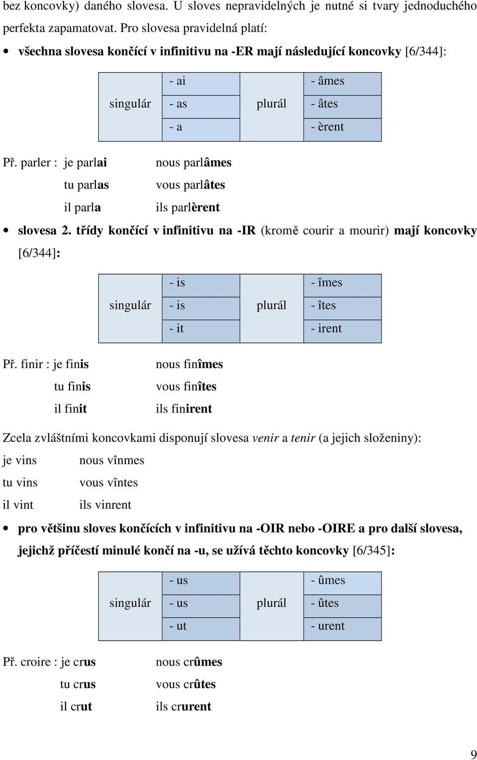 parler : je parlai nous parlâmes tu parlas vous parlâtes il parla ils parlèrent slovesa 2.