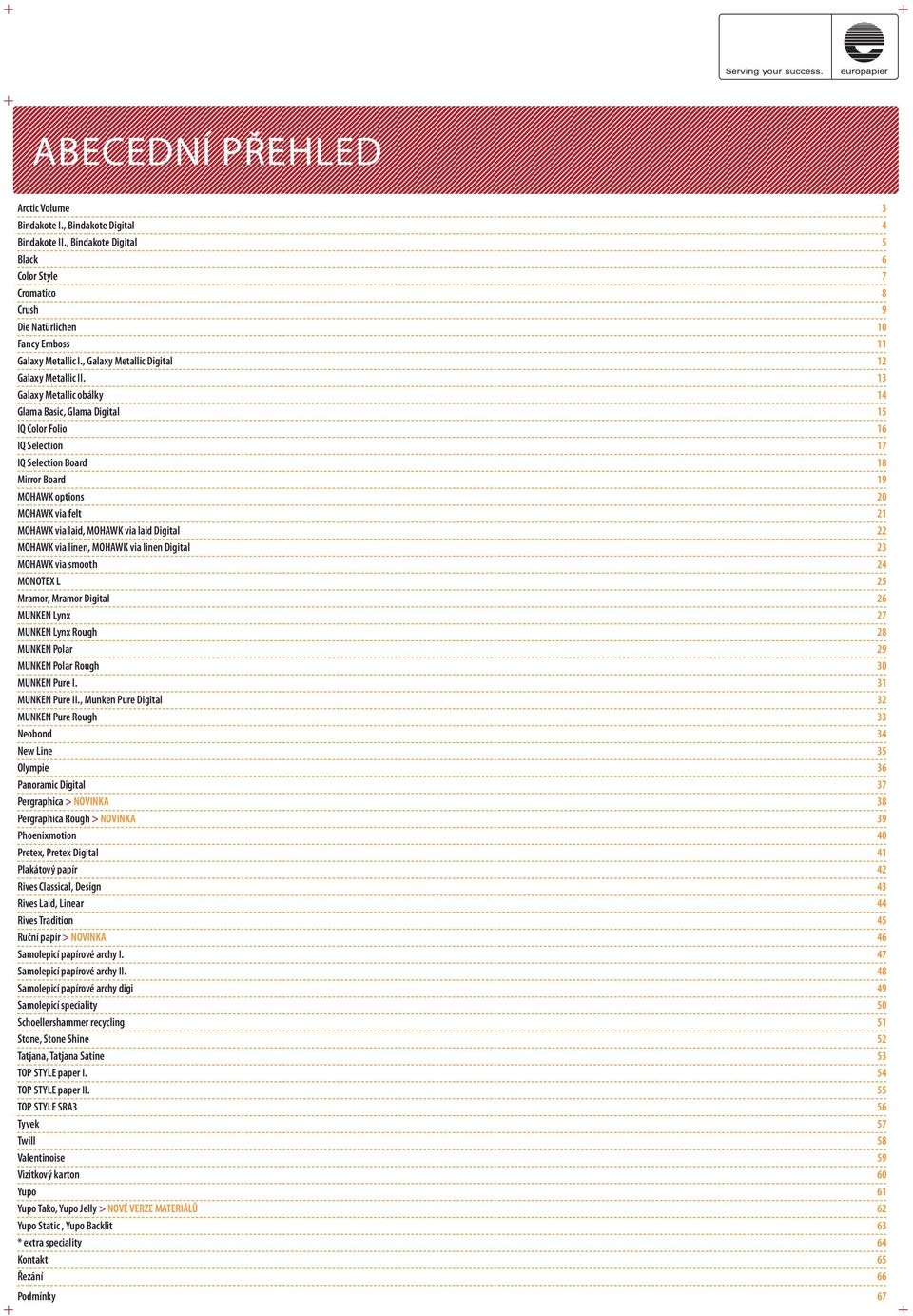 13 Galaxy Metallic obálky 14 Glama Basic, Glama Digital 15 IQ Color Folio 16 IQ Selection 17 IQ Selection Board 18 Mirror Board 19 MOHAWK options 20 MOHAWK via felt 21 MOHAWK via laid, MOHAWK via