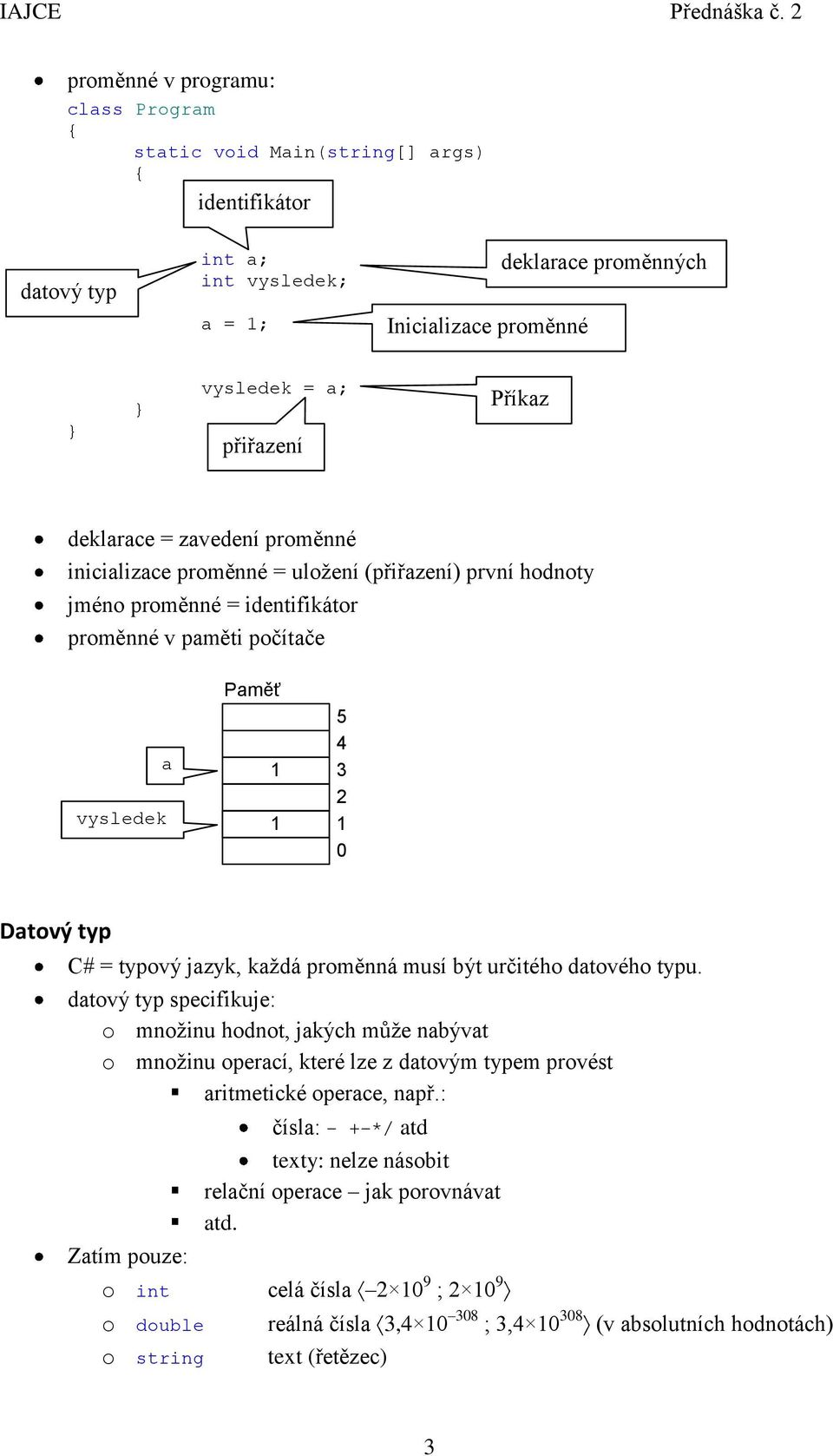 musí být určitého datového typu. datový typ specifikuje: o množinu hodnot, jakých může nabývat o množinu operací, které lze z datovým typem provést aritmetické operace, např.
