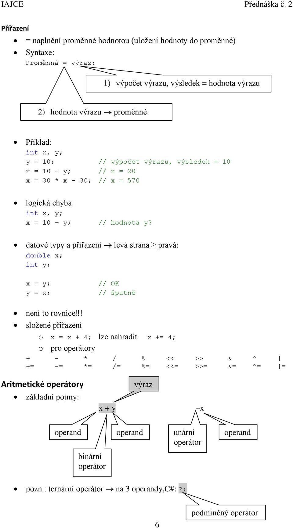 datové typy a přiřazení double x; int y; levá strana pravá: x = y; y = x; // OK // špatně není to rovnice!