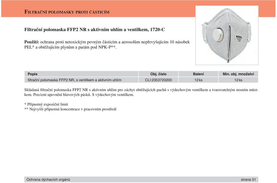 fi ltrační polomaska FFP2 NR, s ventilkem a aktivním uhlím CLI:2353720200 12 ks 12 ks Skládaná filtrační polomaska FFP2 NR s aktivním uhlím pro záchyt