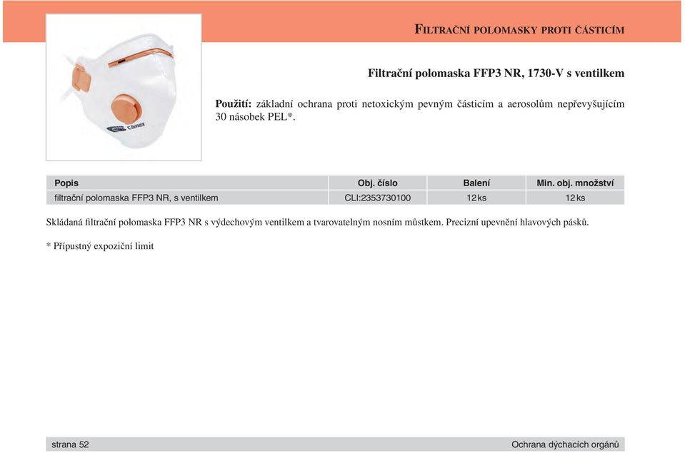 fi ltrační polomaska FFP3 NR, s ventilkem CLI:2353730100 12 ks 12 ks Skládaná filtrační polomaska FFP3