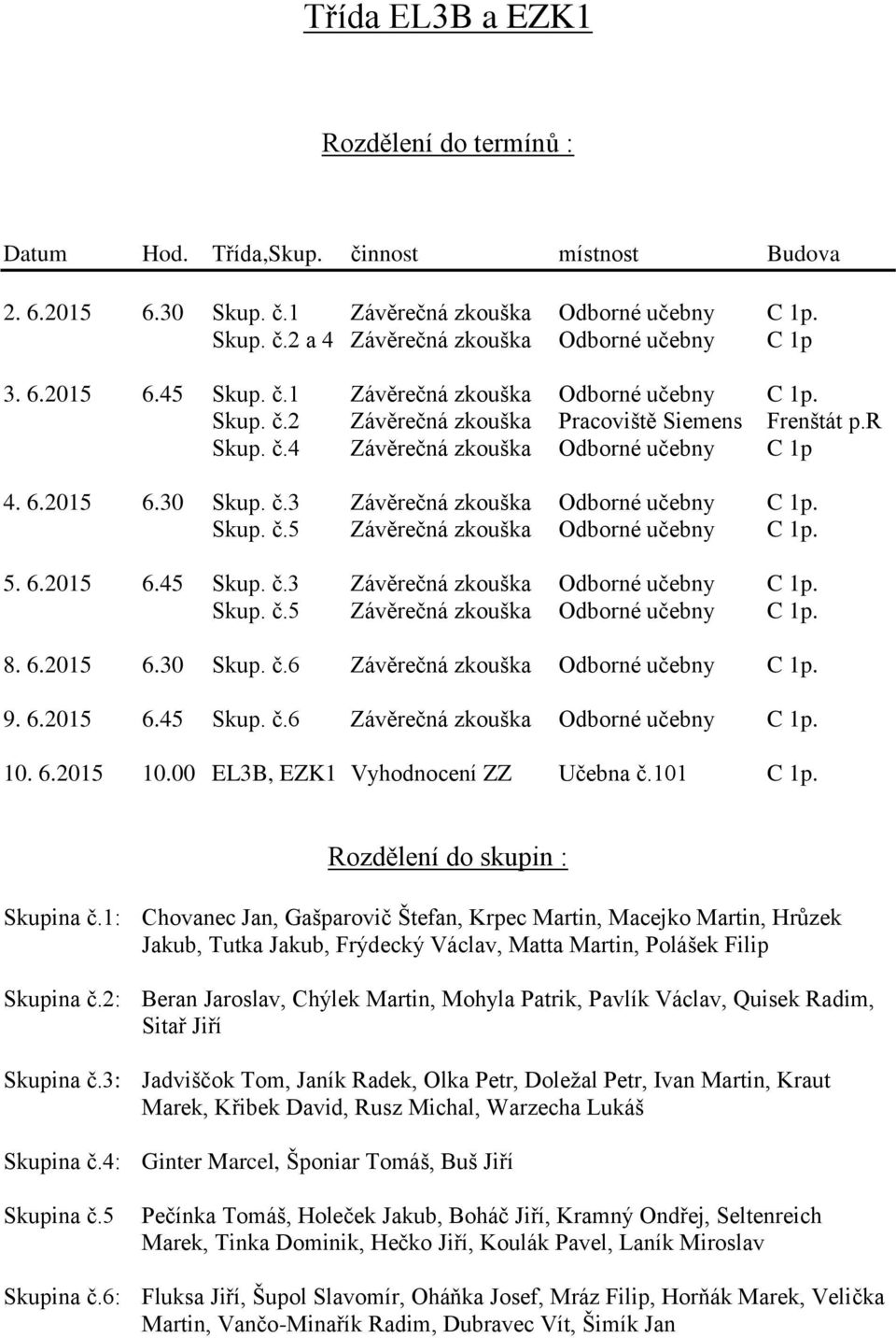 Skup. č.5 Závěrečná zkouška Odborné učebny C 1p. 5. 6.2015 6.45 Skup. č.3 Závěrečná zkouška Odborné učebny C 1p. Skup. č.5 Závěrečná zkouška Odborné učebny C 1p. 8. 6.2015 6.30 Skup. č.6 Závěrečná zkouška Odborné učebny C 1p.