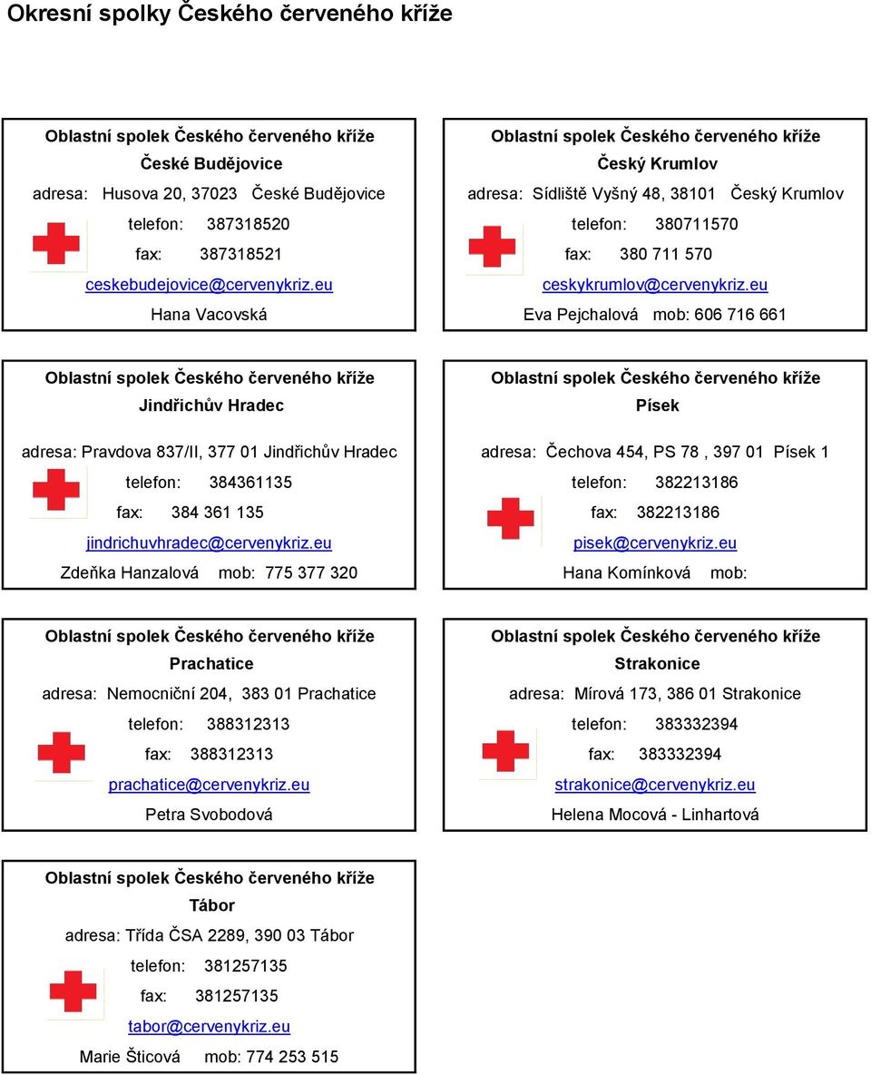 eu Hana Vacovská Eva Pejchalová mob: 606 716 661 Jindřichův Hradec Písek adresa: Pravdova 837/II, 377 01 Jindřichův Hradec adresa: Čechova 454, PS 78, 397 01 Písek 1 telefon: 384361135 telefon: