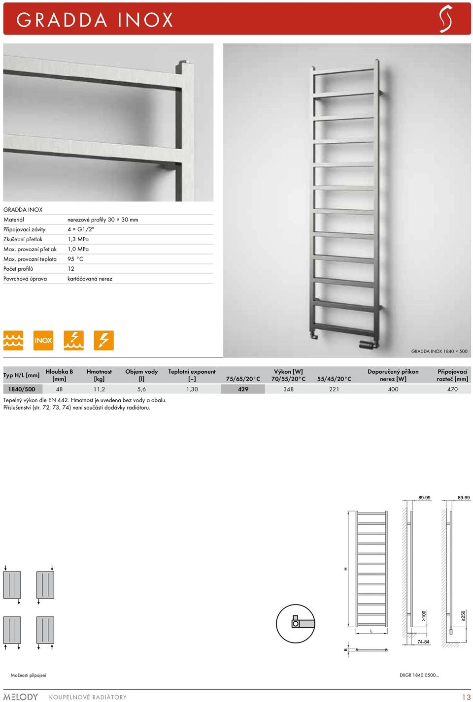 provozní teplota 95 C Počet profilů 12 Povrchová úprava kartáčovaná nerez GRADDA INOX 1840 500 Typ H/L [mm]