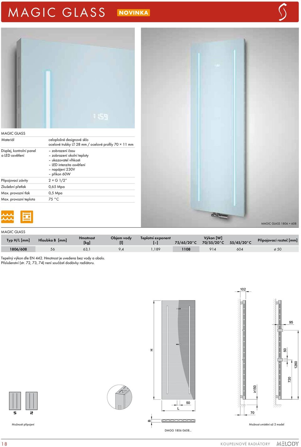 vlhkosti LED intenzita osvětlení napájení 230V příkon 60W MAGIC GLASS Typ H/L [mm] Hloubka B [mm] Hmotnost [kg] Objem vody Teplotní exponent [ ] 75/65/20