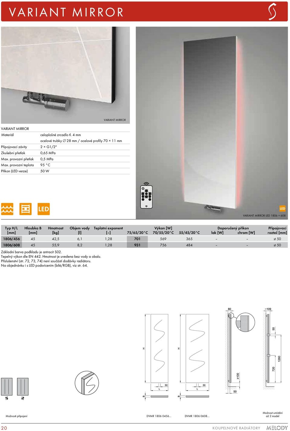 provozní teplota 95 C Příkon (LED verze) 50 W VARIANT MIRROR LED 1806 608 Typ H/L Hloubka B Hmotnost Objem vody Teplotní exponent 1806/456 45 42,5