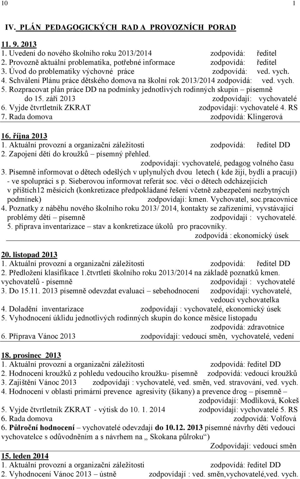 Schválení Plánu práce dětského domova na školní rok 2013/2014 zodpovídá: ved. vych. 5. Rozpracovat plán práce DD na podmínky jednotlivých rodinných skupin písemně do 15.