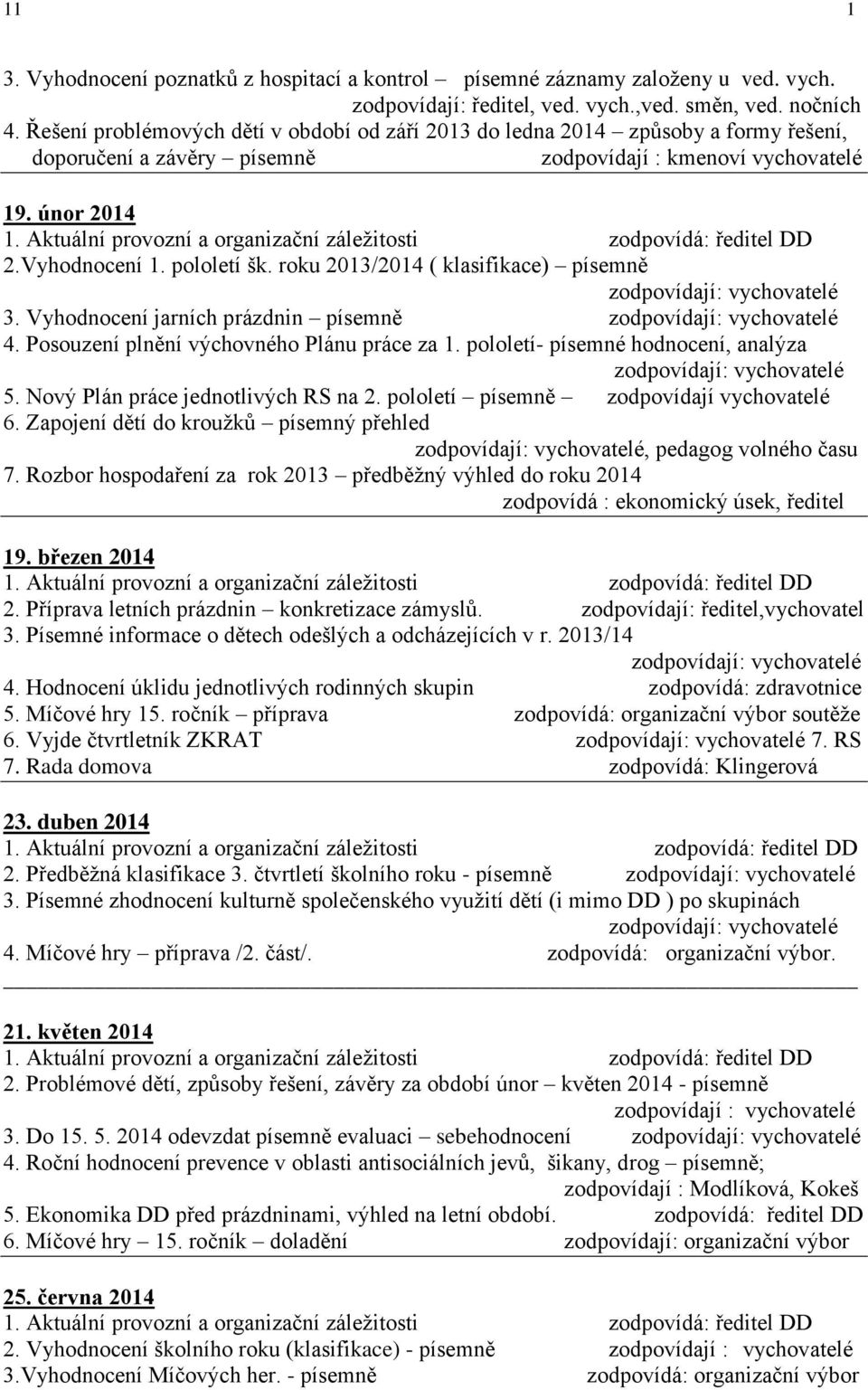 Aktuální provozní a organizační záležitosti zodpovídá: ředitel DD 2.Vyhodnocení 1. pololetí šk. roku 2013/2014 ( klasifikace) písemně zodpovídají: vychovatelé 3.