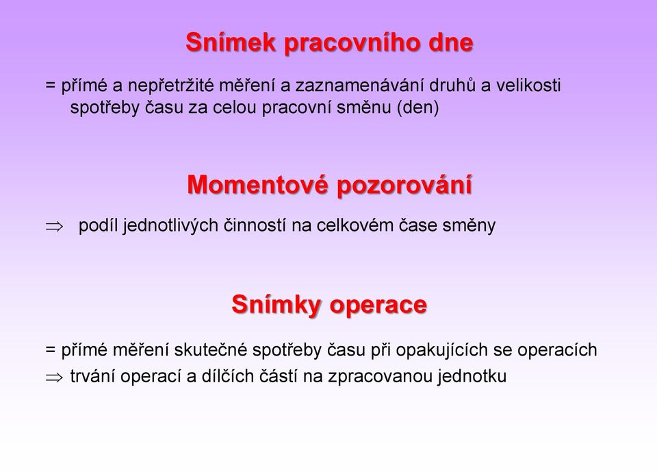 činností na celkovém čase směny Snímky operace = přímé měření skutečné spotřeby času