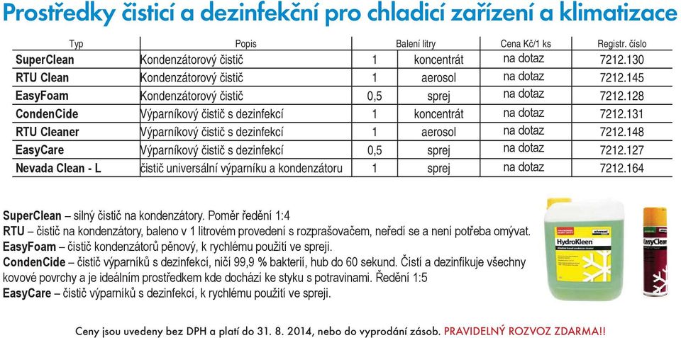 128 CondenCide Výparníkový isti s dezinfekcí 1 koncentrát na 419,- dotaz 7212.131 RTU Cleaner Výparníkový isti s dezinfekcí 1 aerosol na 429,- dotaz 7212.