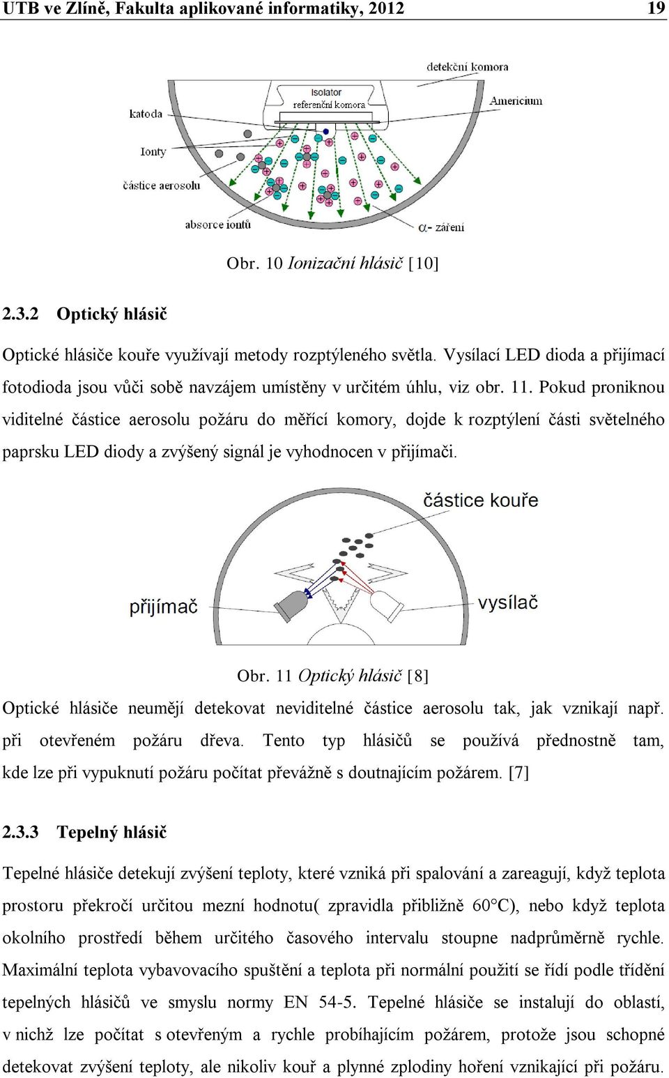 Pokud proniknou viditelné částice aerosolu požáru do měřící komory, dojde k rozptýlení části světelného paprsku LED diody a zvýšený signál je vyhodnocen v přijímači. Obr.