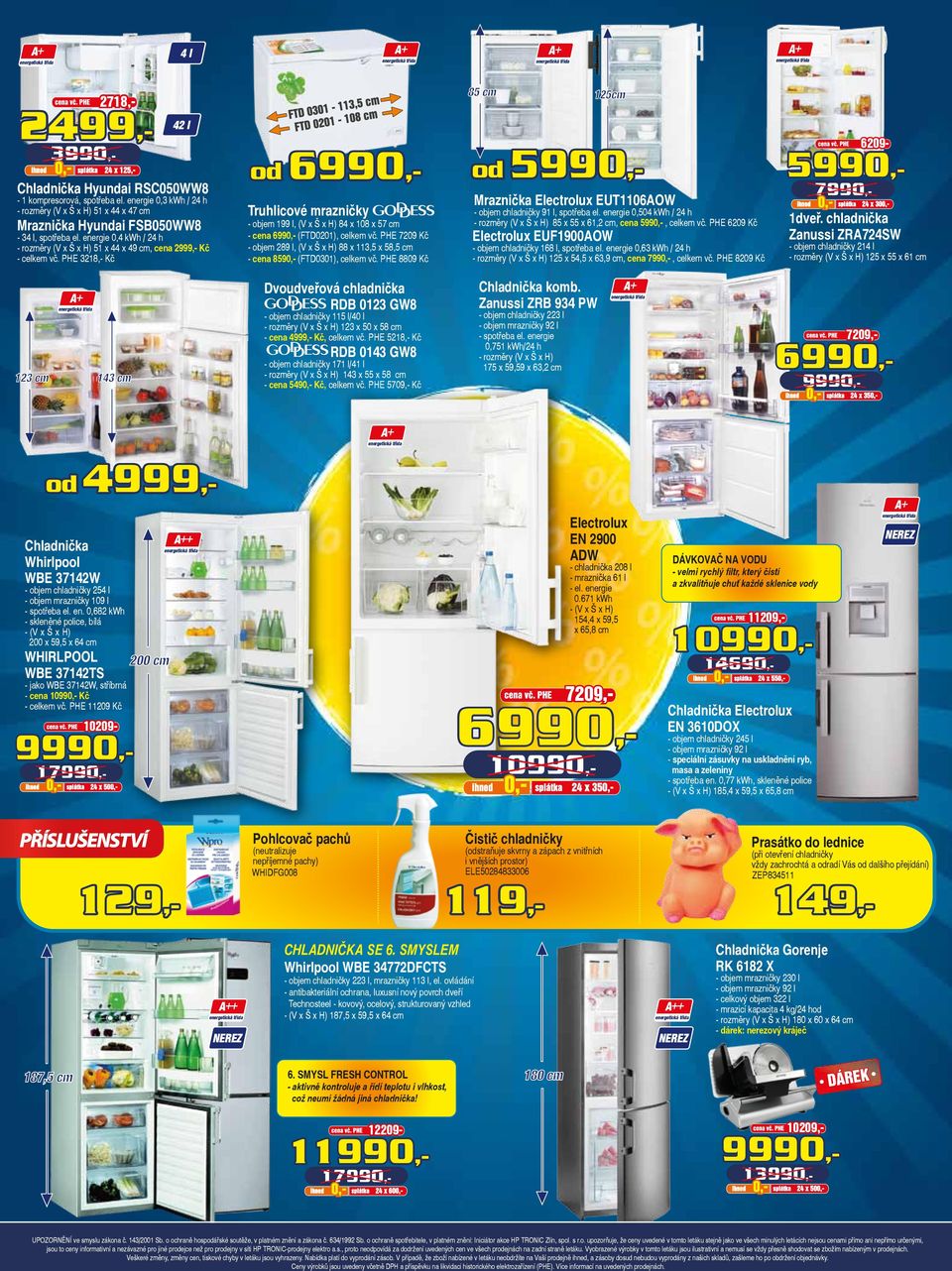 PHE 7209 Kč - objem 289 l, (V x Š x H) 88 x 113,5 x 58,5 cm - cena 8590,- (FTD0301), celkem vč. PHE 8809 Kč 85 cm 125cm Mraznička Electrolux EUT1106AOW - objem chladničky 91 l, spotřeba el.