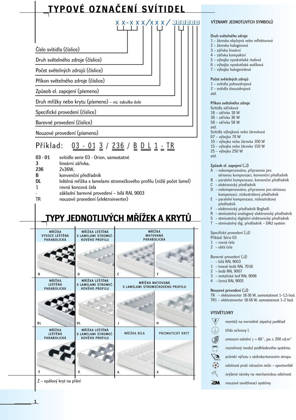 tabulka dole Specifické provedení (ãíslice) Barevné provedení (ãíslice) Nouzové provedení (písmeno) Pfiíklad: xx- xxx/ xxx/ 123456 03-01 3 / 236 / B D L 1 - TR 03-01 svítidlo serie 03 - Orion,