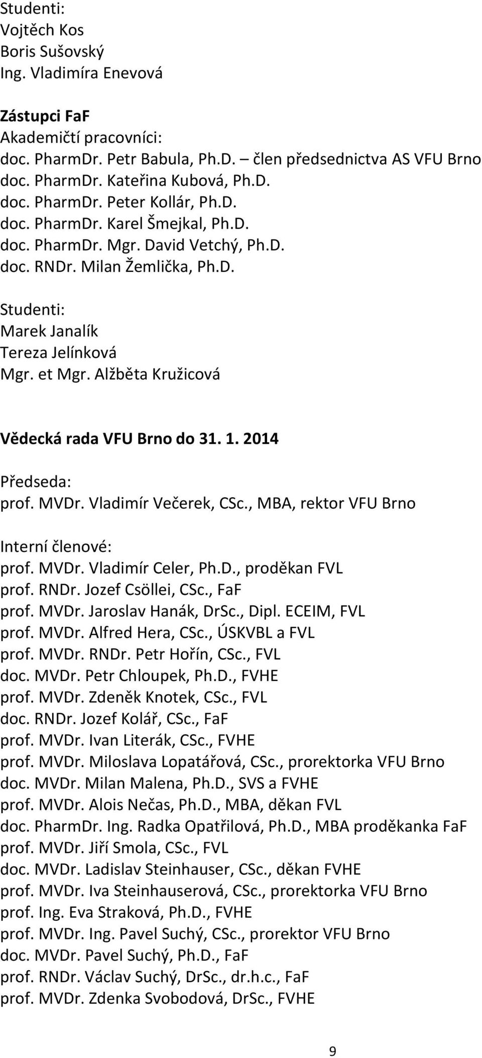 Alžběta Kružicová Vědecká rada VFU Brno do 31. 1. 2014 Předseda: prof. MVDr. Vladimír Večerek, CSc., MBA, rektor VFU Brno Interní členové: prof. MVDr. Vladimír Celer, Ph.D., proděkan FVL prof. RNDr.