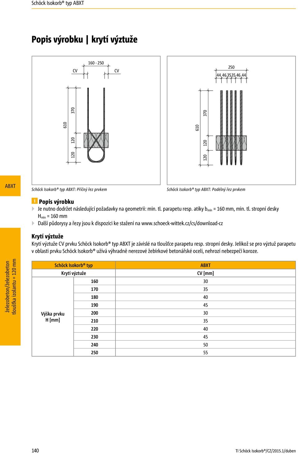 schoeck-wittek.cz/cs/download-cz Krytí výztuže Krytí výztuže CV prvku Schöck Isokorb typ je závislé na tloušťce u resp. stropní desky.