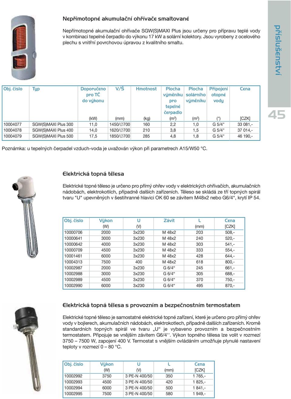 číslo Typ Doporučeno V/Š Hmotnost Plocha Plocha Připojení Cena pro TČ výměníku solárního otopné do výkonu pro výměníku vody tepelné čerpadlo (kw) (mm) (kg) (m 2 ) (m 2 ) (") [CZK] 10004077 SGW(S)MAXI