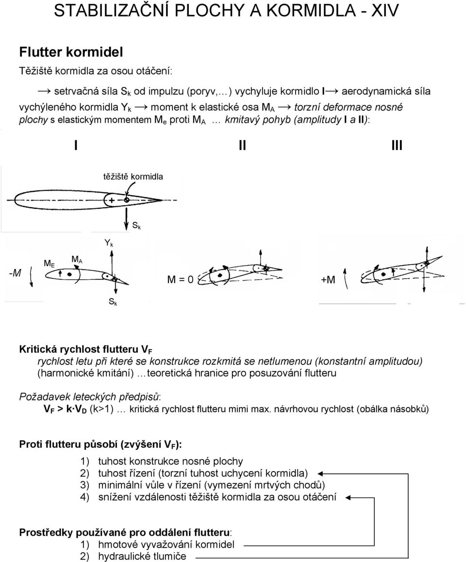 Kritická rychlost flutteru V F rychlost letu při které se konstrukce rozkmitá se netlumenou (konstantní amplitudou) (harmonické kmitání) teoretická hranice pro posuzování flutteru Požadavek leteckých