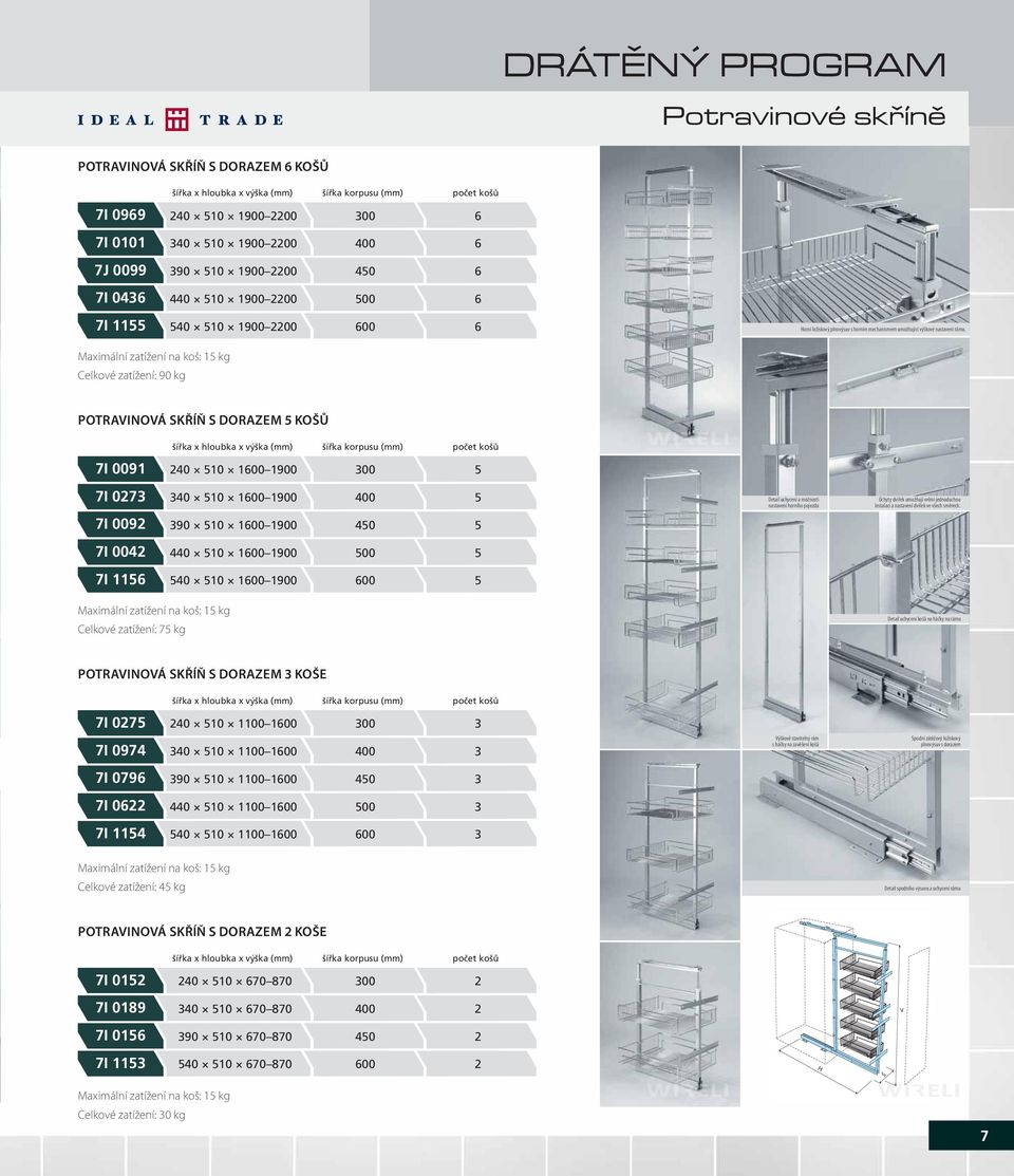 Maximální zatížení na koš: 15 kg Celkové zatížení: 90 kg POTRAVINOVÁ SKŘÍŇ S DORAZEM 5 KOŠŮ šířka x hloubka x výška (mm) šířka korpusu (mm) počet košů 7I 0091 240 510 1600 1900 300 5 7I 0273 7I 0092
