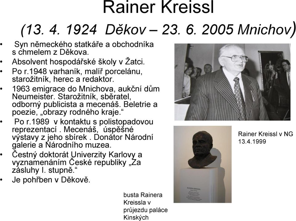 Beletrie a poezie, obrazy rodného kraje. Po r.1989 v kontaktu s polistopadovou reprezentací. Mecenáš, úspěšné výstavy z jeho sbírek.