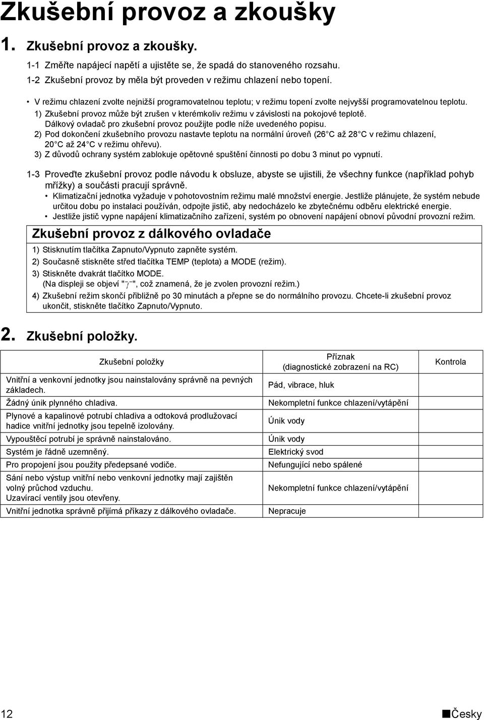 1) Zkušební provoz může být zrušen v kterémkoliv režimu v závislosti na pokojové teplotě. Dálkový ovladač pro zkušební provoz použijte podle níže uvedeného popisu.