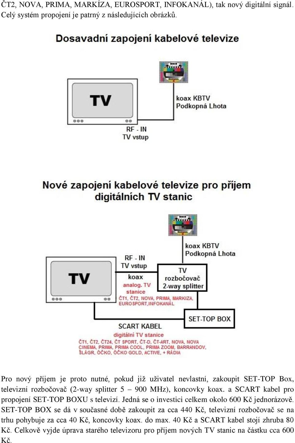 a SCART kabel pro propojení SET-TOP BOXU s televizí. Jedná se o investici celkem okolo 600 Kč jednorázově.