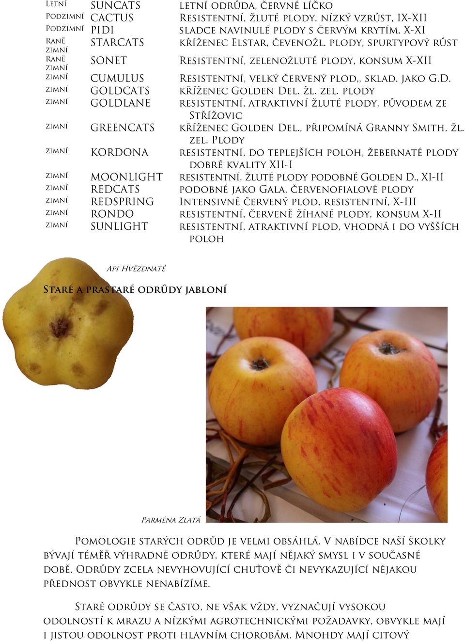 , připomíná Granny Smith, žl. zel. Plody KORDONA resistentní, do teplejších poloh, žebernaté plody dobré kvality XII-I MOONLIGHT resistentní, žluté plody podobné Golden D.