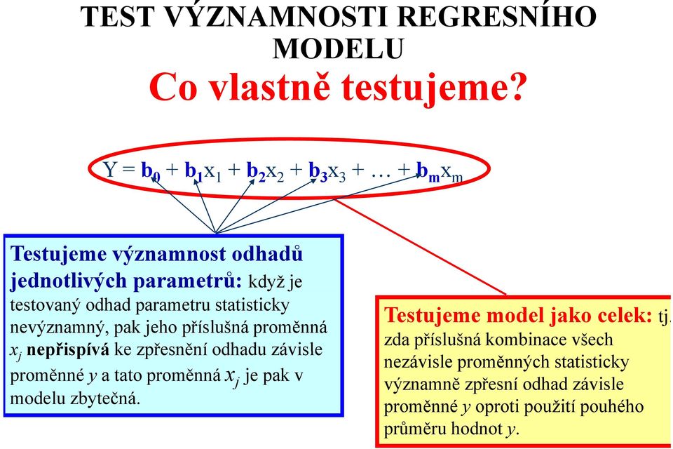 parametru statisticky nevýznamný, pak jeho příslušná proměnná x j nepřispívá ke zpřesnění odhadu závisle proměnné y a tato