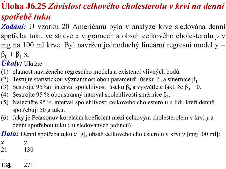 na 100 ml krve. Byl navržen jd jednoduchýd lineární regresní model dly= β 0 + β 1 x. Úkoly: Ukažte (1) platnost navrženého regresního modelu a existenci vlivných bodů.